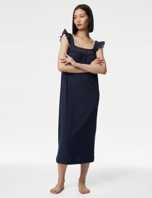 M&S Womens Pure Cotton Broderie Nightdress - XS - Navy, Navy