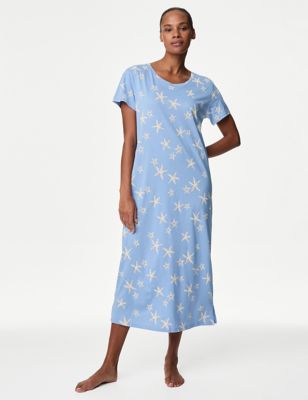 M&S Womens Cotton Modal Printed Nightdress - Cornflower, Cornflower