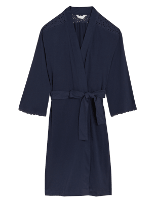 

Womens M&S Collection Morgenmantel aus reiner Baumwolle mit Lochstickereibesatz - Navy, Navy