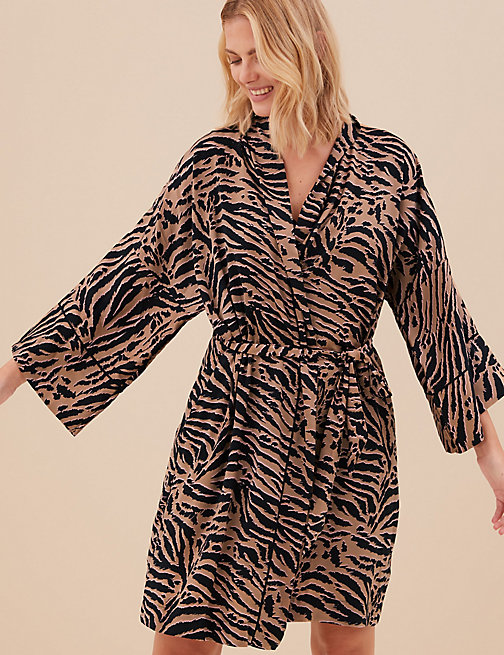 Marks And Spencer Womens M&S Collection Dream Satin Zebra Short Dressing Gown - Black Mix, Black Mix