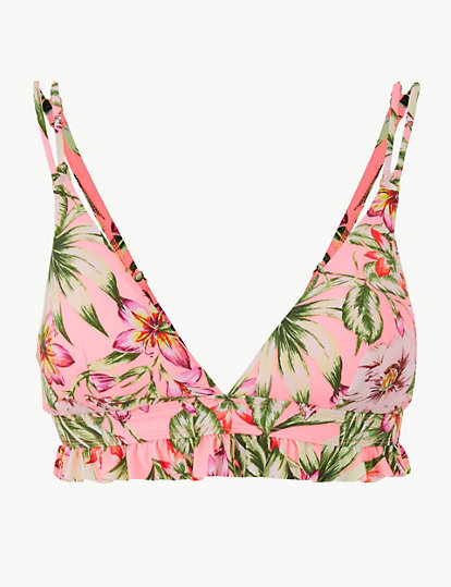 Floral Print Frill Plunge Bikini Top