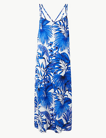 Palm Print Strappy Slip Beach Dress