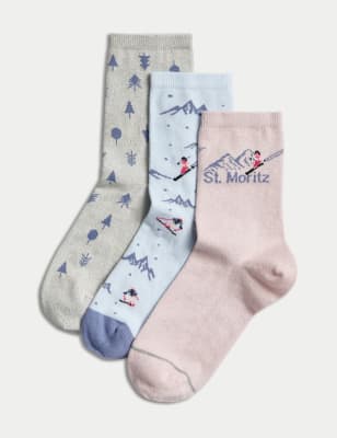 Lot de 3&nbsp;paires de chaussettes hauteur cheville en coton à motif ski - FR