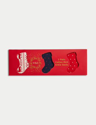 

Womens M&S Collection 3er-Pack knöchelhohe Socken mit hohem Baumwollanteil und Norwegermuster - Red Mix, Red Mix