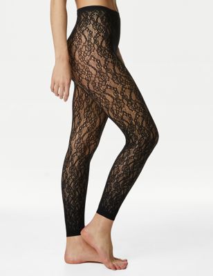 M&S Womens Footless Lace Tights - M - Black, Black