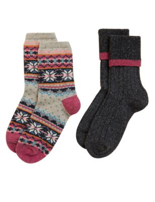 

Womens M&S Collection 2pk Thermal Fair Isle Socks with Wool - Pink Mix, Pink Mix