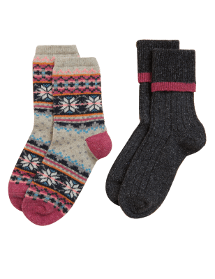 

Womens M&S Collection 2pk Thermal Fair Isle Socks with Wool - Pink Mix, Pink Mix