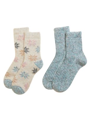 M&S Womens 2pk Thermal Socks - 3-5 - Blue Mix, Blue Mix