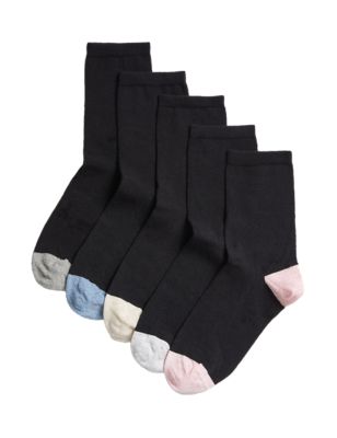 M&S Womens 5pk Cotton Rich Seamless Toes Ankle High Socks - 3-5 - Black Mix, Black Mix