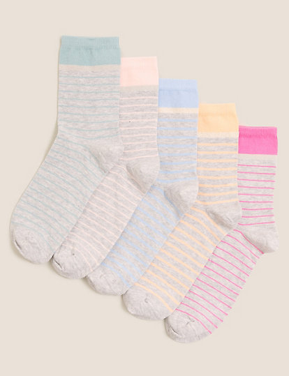 5pk Cotton Rich Striped Ankle High Socks