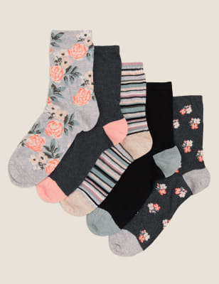 

Womens M&S Collection 5pk Cotton Rich Floral Ankle High Socks - Grey Mix, Grey Mix