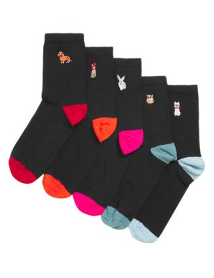 M&S Womens 5pk Character Cotton Rich Ankle High Socks