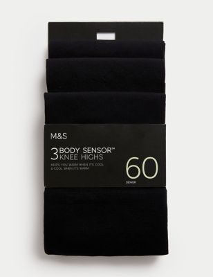M&S Womens 3pk 60 Denier Body Sensortm Matt Knee Highs - Black, Black