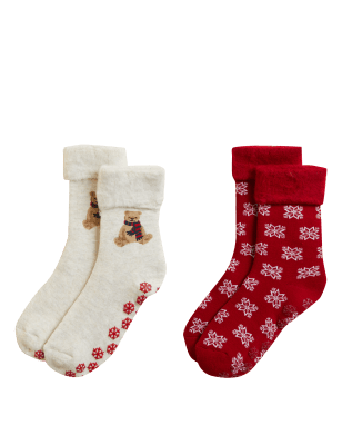 

Womens M&S Collection 2er-Pack Hausschuhsocken „Spencer Bear“ - Natural Mix, Natural Mix