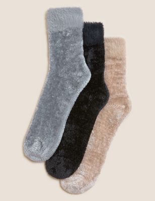 

Womens M&S Collection 3pk Velvet Cosy Fur Trim Ankle High Socks - Black Mix, Black Mix