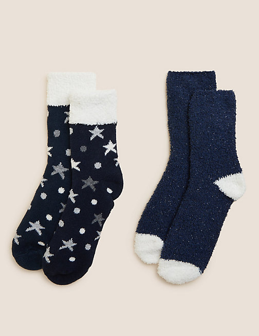 Marks And Spencer Womens M&S Collection 2pk Cosy Star Ankle High Socks - Navy Mix
