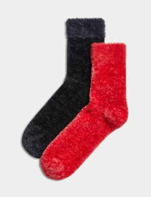 

Womens M&S Collection 2pk Recycled Thermal Velvet Cosy Socks - Red/Black, Red/Black