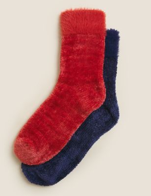 

Womens M&S Collection 2pk Velvet Cosy Fur Ankle High Socks - Red Mix, Red Mix