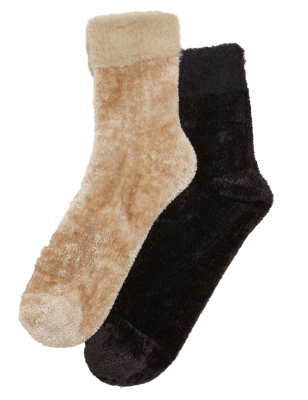 M&S Womens 2pk Velvet Cosy Fur Ankle High Socks - 6-8 - Black Mix, Black Mix,Pink Mix,Mid Grey