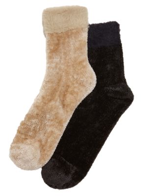 M&S Womens 2pk Velvet Cosy Fur Ankle High Socks - 6-8 - Black Mix, Black Mix,Pink Mix,Mid Grey