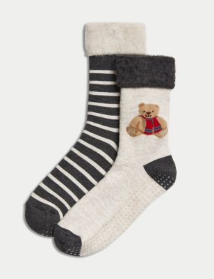 

Womens 2pk Spencer Bear™ Thermal Slipper Socks - Charcoal Mix, Charcoal Mix