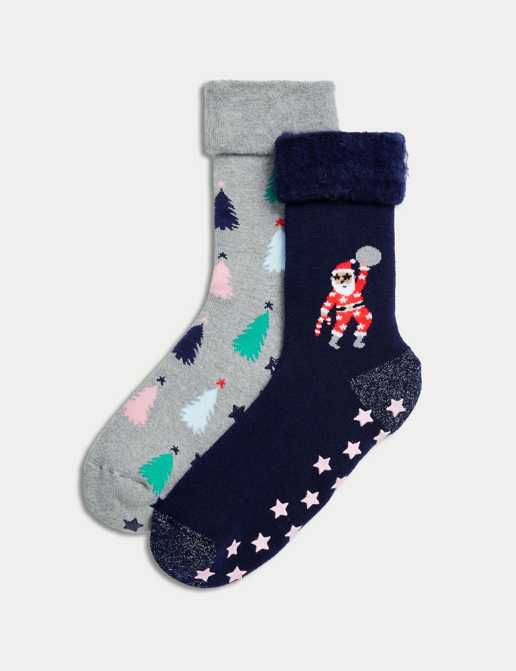 2pk Disco Santa Thermal Slipper Socks with Grippers image 1