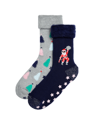 2pk Santa Thermal Slipper Socks