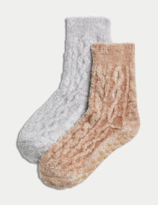 

Womens M&S Collection 2pk Thermal Cable Knit Slipper Socks - Light Camel Mix, Light Camel Mix