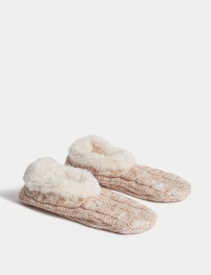 

Womens M&S Collection Recycled Faux Fur Cable Knit Slipper Socks - Camel Mix, Camel Mix