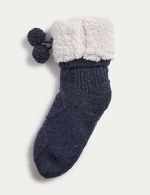 

Womens M&S Collection Thermo-Hausschuhsocken aus recyceltem Material mit Bommeln - Navy, Navy