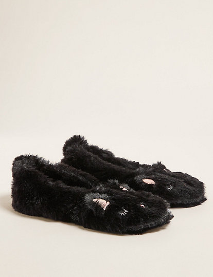 Faux Fur Cat Print Ballet Slipper Socks