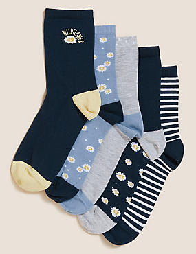 5 件装高含棉量雏菊图案及踝长筒袜