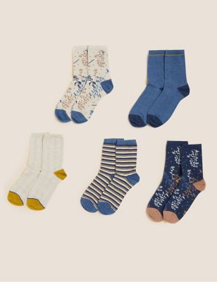 Marks And Spencer Womens M&S Collection 5pk Cotton Blend Floral Ankle High Socks - Oatmeal Mix, Oatmeal Mix