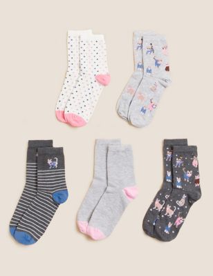 Marks And Spencer Womens M&S Collection 5pk Cotton Rich Cat Ankle High Socks - Charcoal Mix