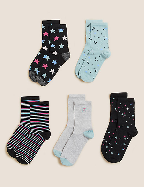 Marks And Spencer Womens M&S Collection 5pk Cotton Rich Star Ankle High Socks - Black Mix, Black Mix