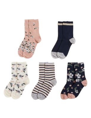M&S Womens 5pk Seamless Toe Sparkle Ankle High Socks - 6-8 - Navy Mix, Navy Mix