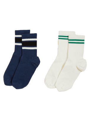

Womens M&S Collection 2pk Cotton Rich Striped Ankle High Socks - Navy Mix, Navy Mix