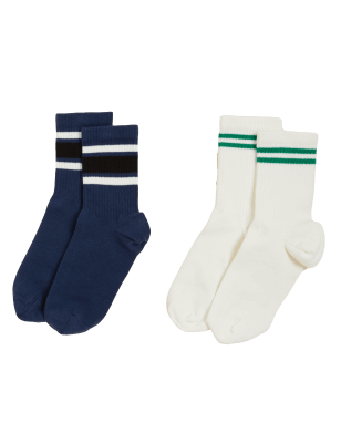 M&S Womens 2pk Cotton Rich Striped Ankle High Socks - 3-5 - Navy Mix, Navy Mix,White Mix,Black Mix