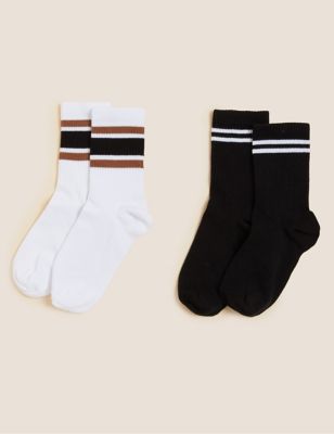 Womens M&S Collection 2pk Cotton Rich Striped Ankle High Socks - Black Mix, Black Mix