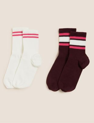2pk Cotton Rich Striped Ankle High Socks - BH
