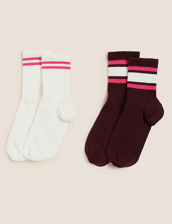 2pk Cotton Rich Striped Ankle High Socks - SG