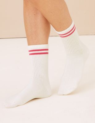 

Womens M&S Collection 2pk Cotton Rich Striped Ankle High Socks - White Mix, White Mix