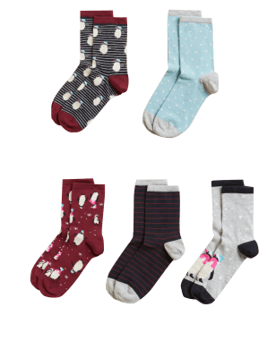 

Womens M&S Collection 5pk Cotton Rich Penguin Ankle High Socks - Red Mix, Red Mix
