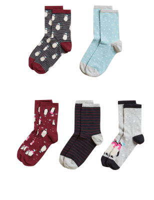 M&S Womens 5pk Cotton Rich Penguin Ankle High Socks - 6-8 - Red Mix, Red Mix