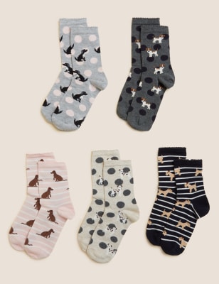 

M&S Collection Pack de 5 pares de calcetines tobilleros de algodón con diseño de perroWomens - Charcoal Mix, Charcoal Mix