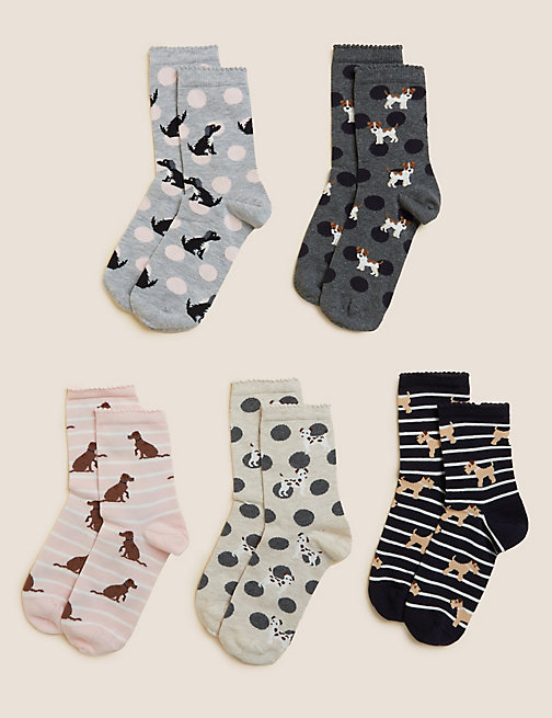 Marks And Spencer Womens M&S Collection 5pk Cotton Rich Dog Print Ankle High Socks - Charcoal Mix