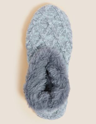 M&S Womens Cable Knit Faux Fur Slipper Socks - 6-8 - Blue Mix, Blue Mix,Oatmeal Mix