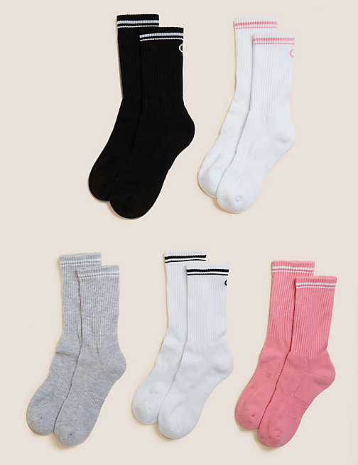 Marks And Spencer Womens Goodmove 5pk Cotton Rich Crew Socks - Pink Mix, Pink Mix