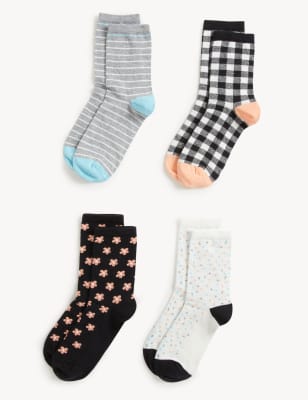 

Womens M&S Collection 4pk Cotton Blend Patterned Ankle High Socks - Black Mix, Black Mix