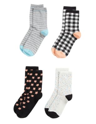 M&S Womens 4pk Cotton Blend Patterned Ankle High Socks - 3-5 - Black Mix, Black Mix